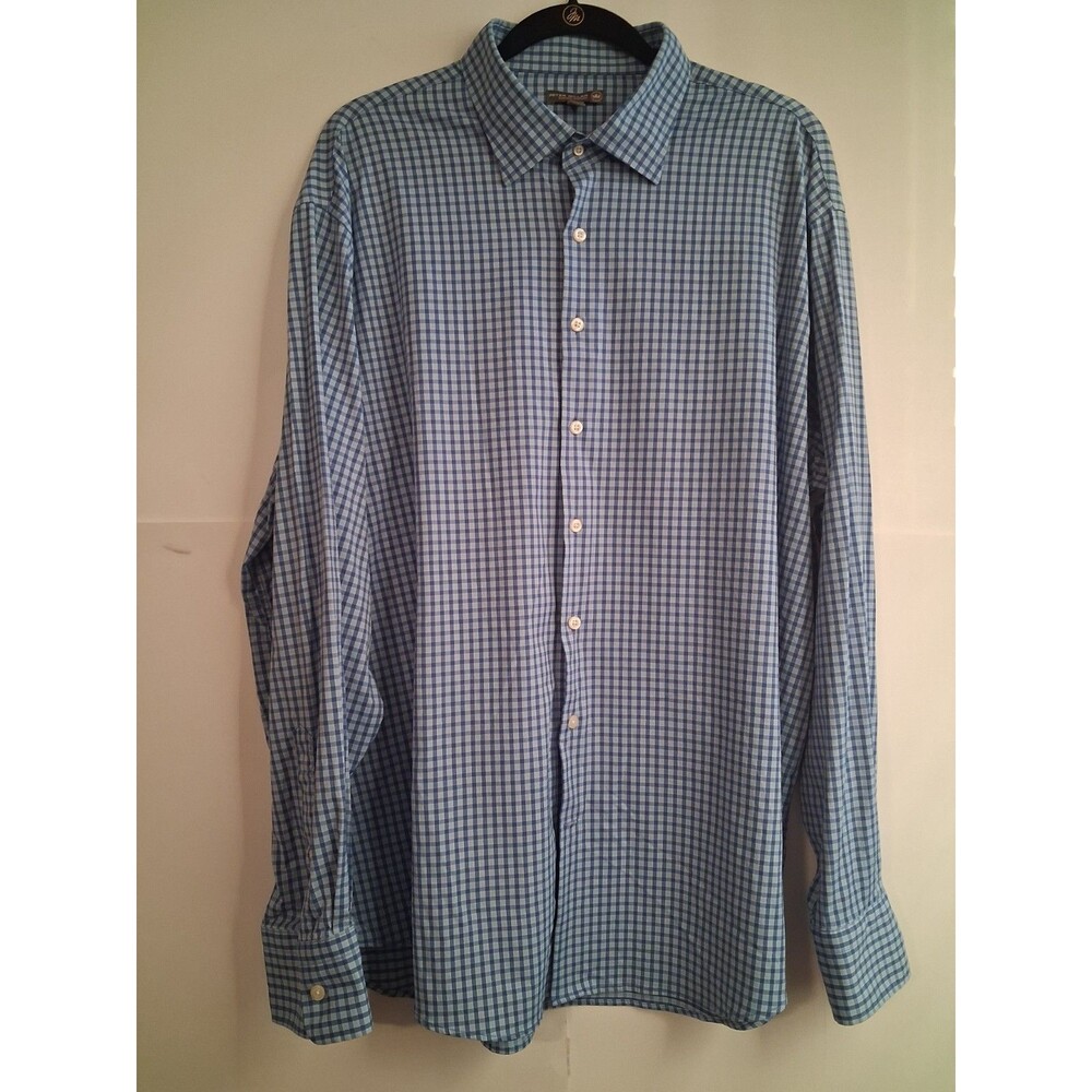 Peter Millar Summer Comfort Button-Up Shirt Blue Gingham Plaid Long Sleeve 2XL
